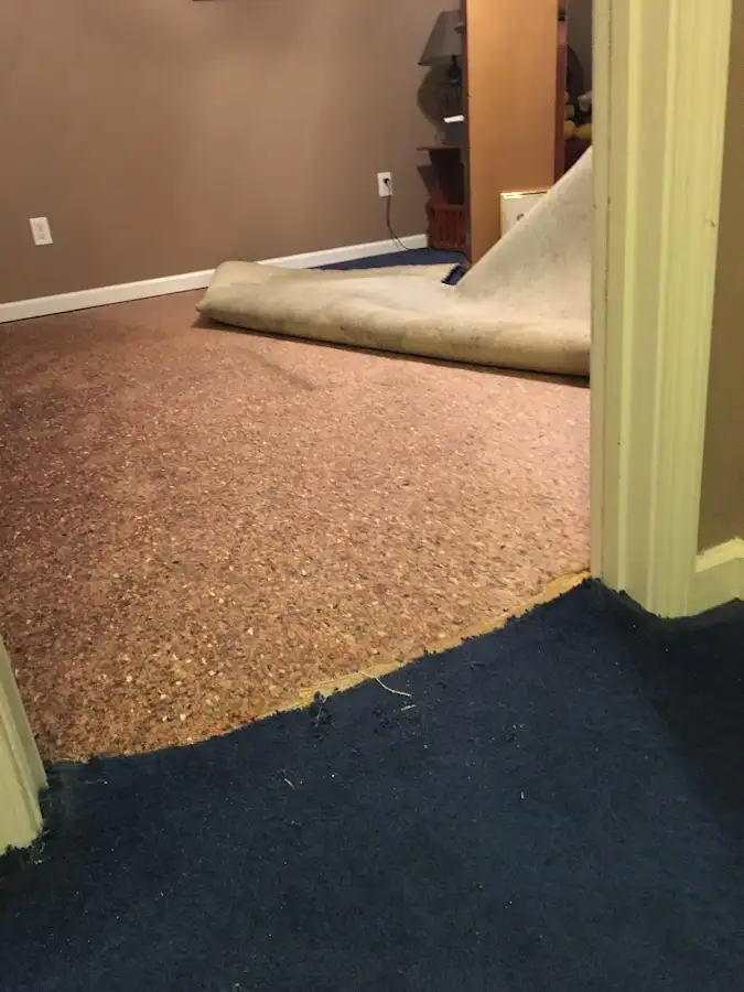 Carpet pad removal revealing water damage during Water Mitigation Services in Indianola